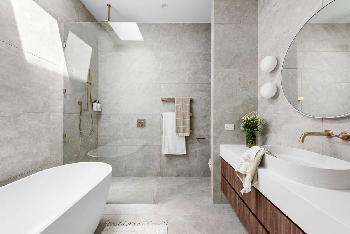 A custom designed bathroom. Built by M.J. Harris Group