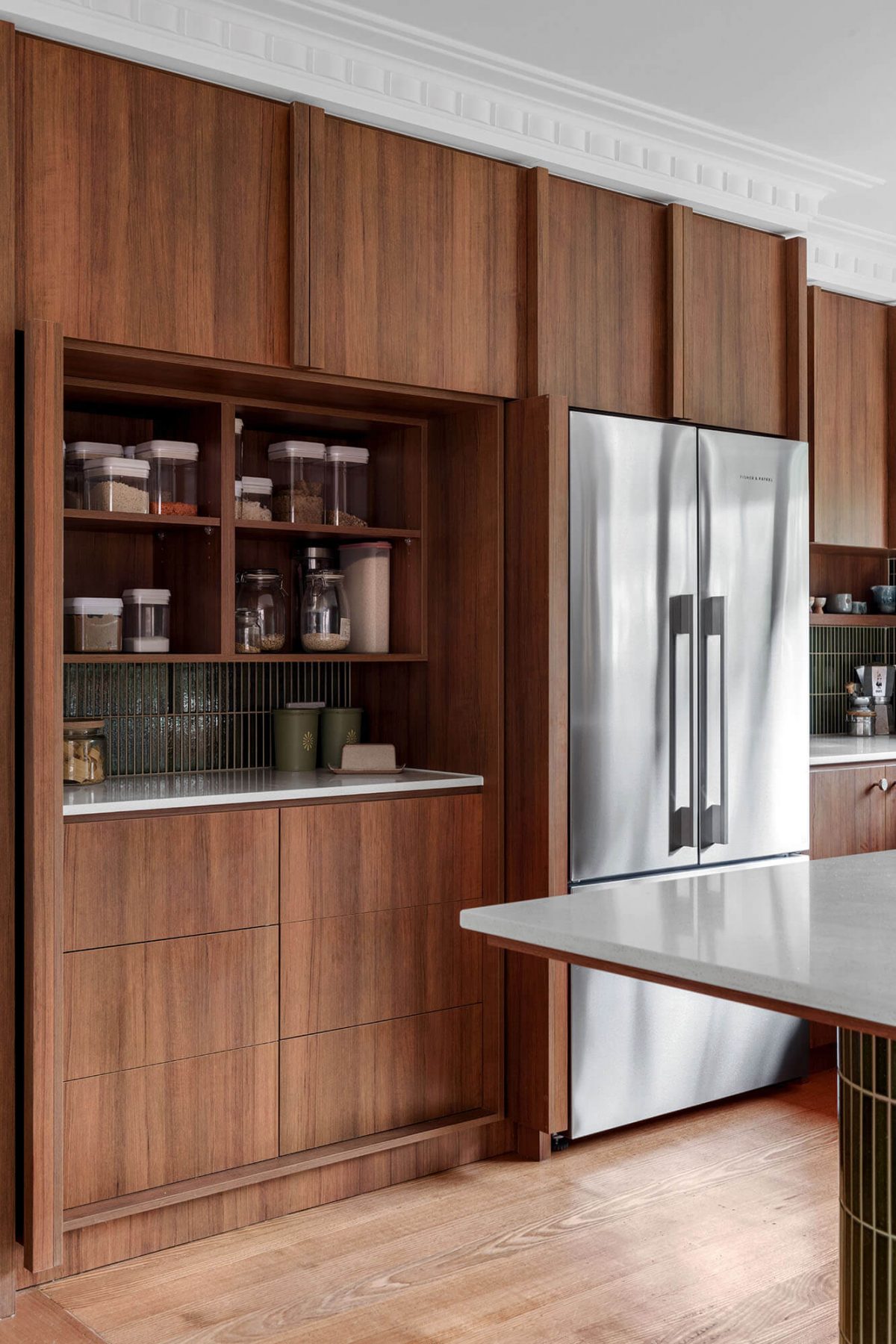 A custom designed vintage style kitchen. Designed and built by MJ Harris Group.
