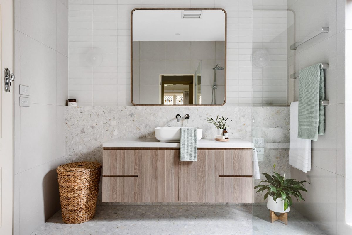 Bathroom renovation with a timber vanity in Eaglemont, Melbourne