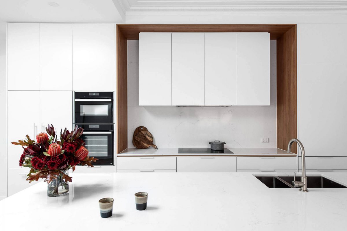 A custom designed kitchen. Designed and built by MJ Harris Group.