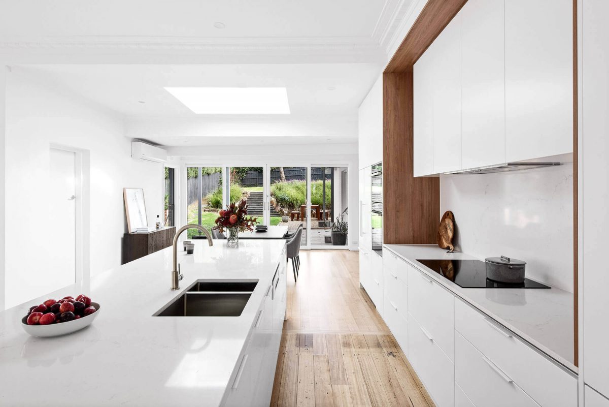 A custom designed kitchen. Designed and built by MJ Harris Group.