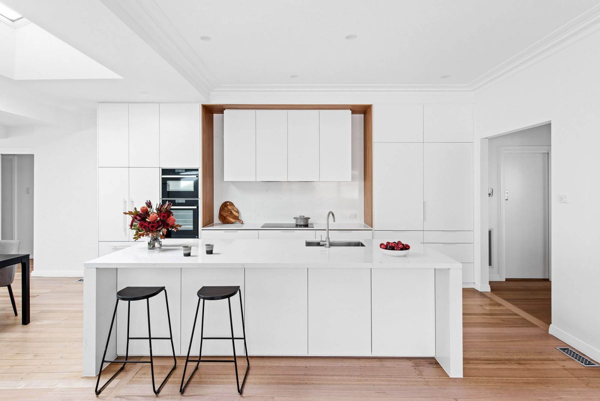 A custom designed kitchen. Designed and built by MJ Harris Group.