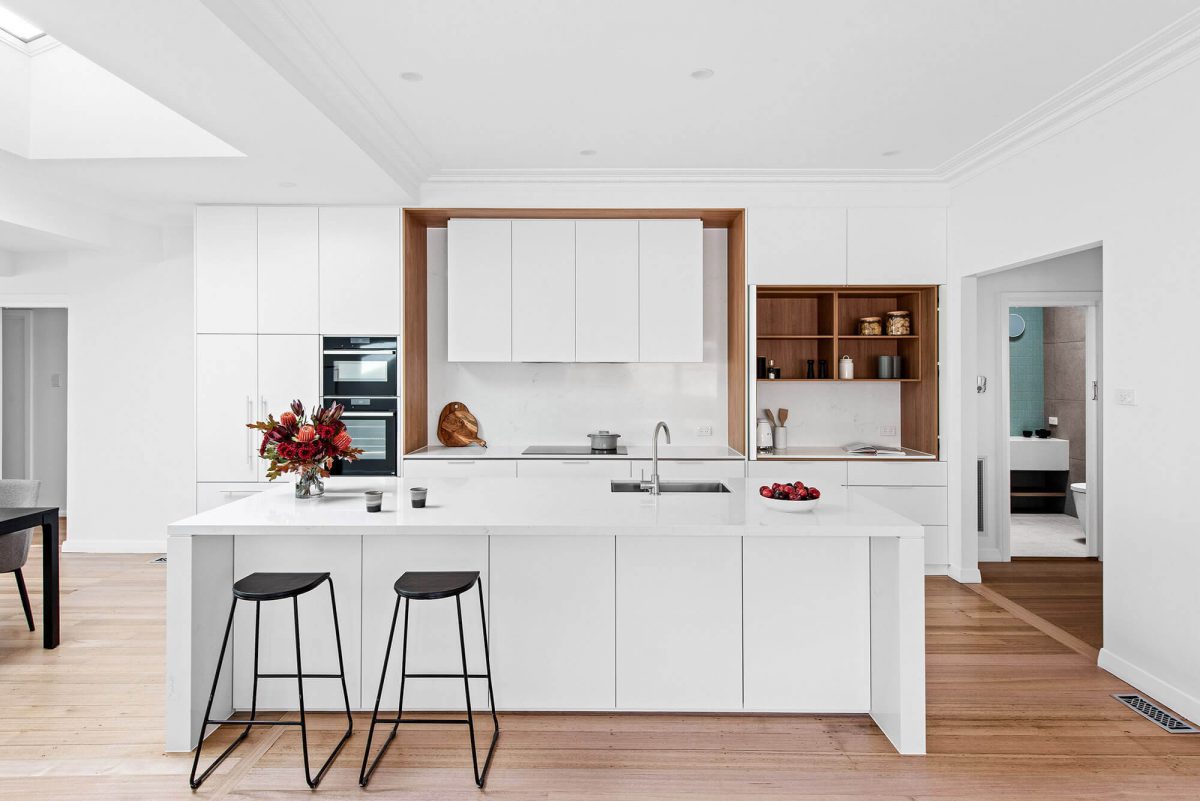 A custom designed kitchen. Designed and built by MJ Harris Group.