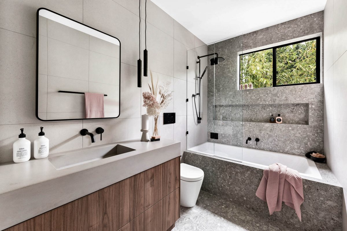 A custom designed bathroom. Designed and built by MJ Harris Group.