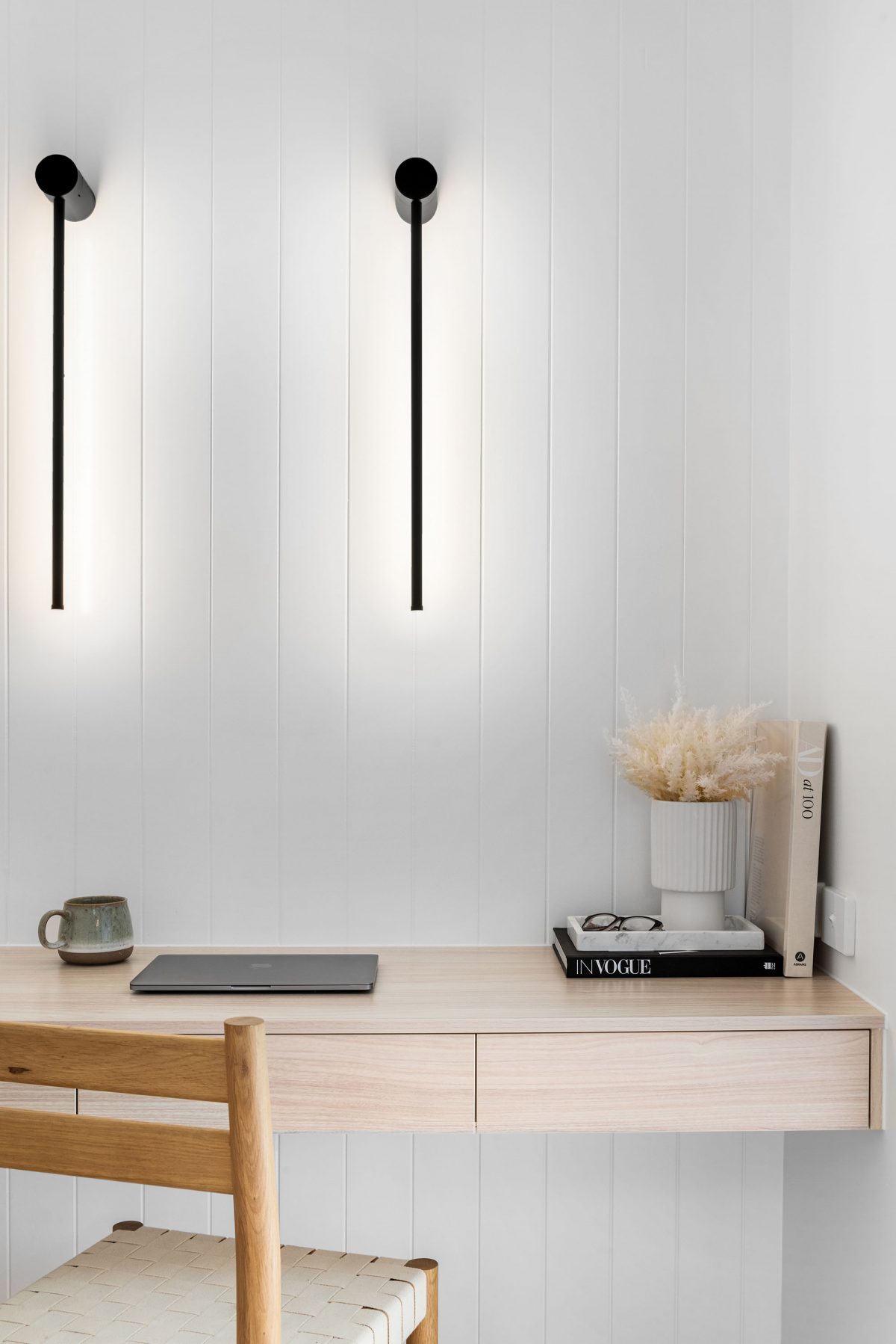 A custom designed study featuring feature lights and hidden storage. Designed and built by MJ Harris Group. #MJHxBallantyneSt
