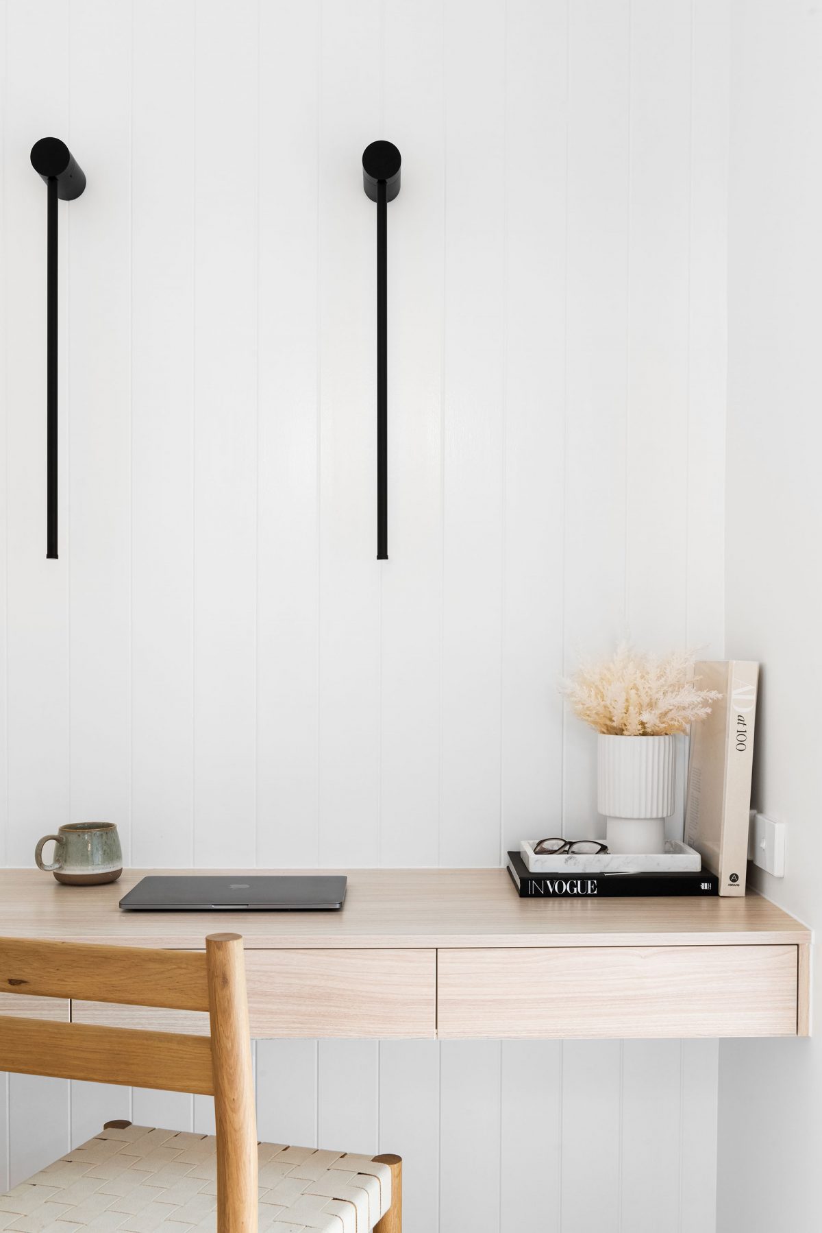 A custom designed study featuring feature lights and hidden storage. Designed and built by MJ Harris Group. #MJHxBallantyneSt