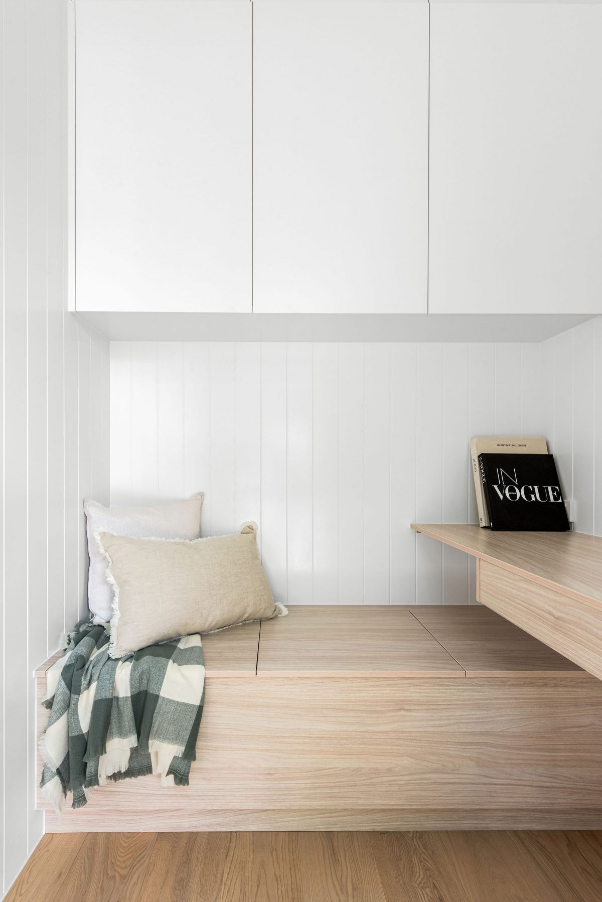 A custom designed study featuring feature lights and hidden storage. Designed and built by MJ Harris Group. #MJHxBallantyneSt