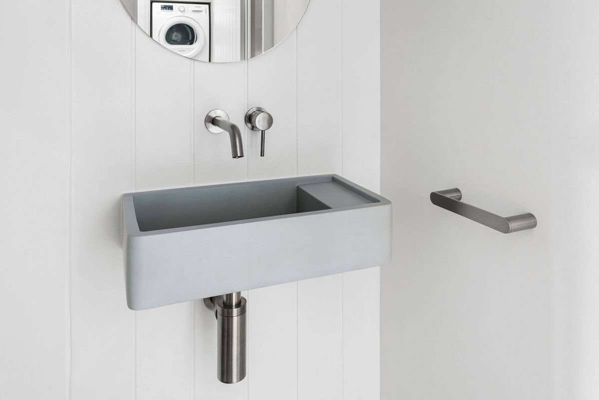 A custom designed bathroom featuring a grey basin. Designed and built by MJ Harris Group. #MJHxBallantyneSt