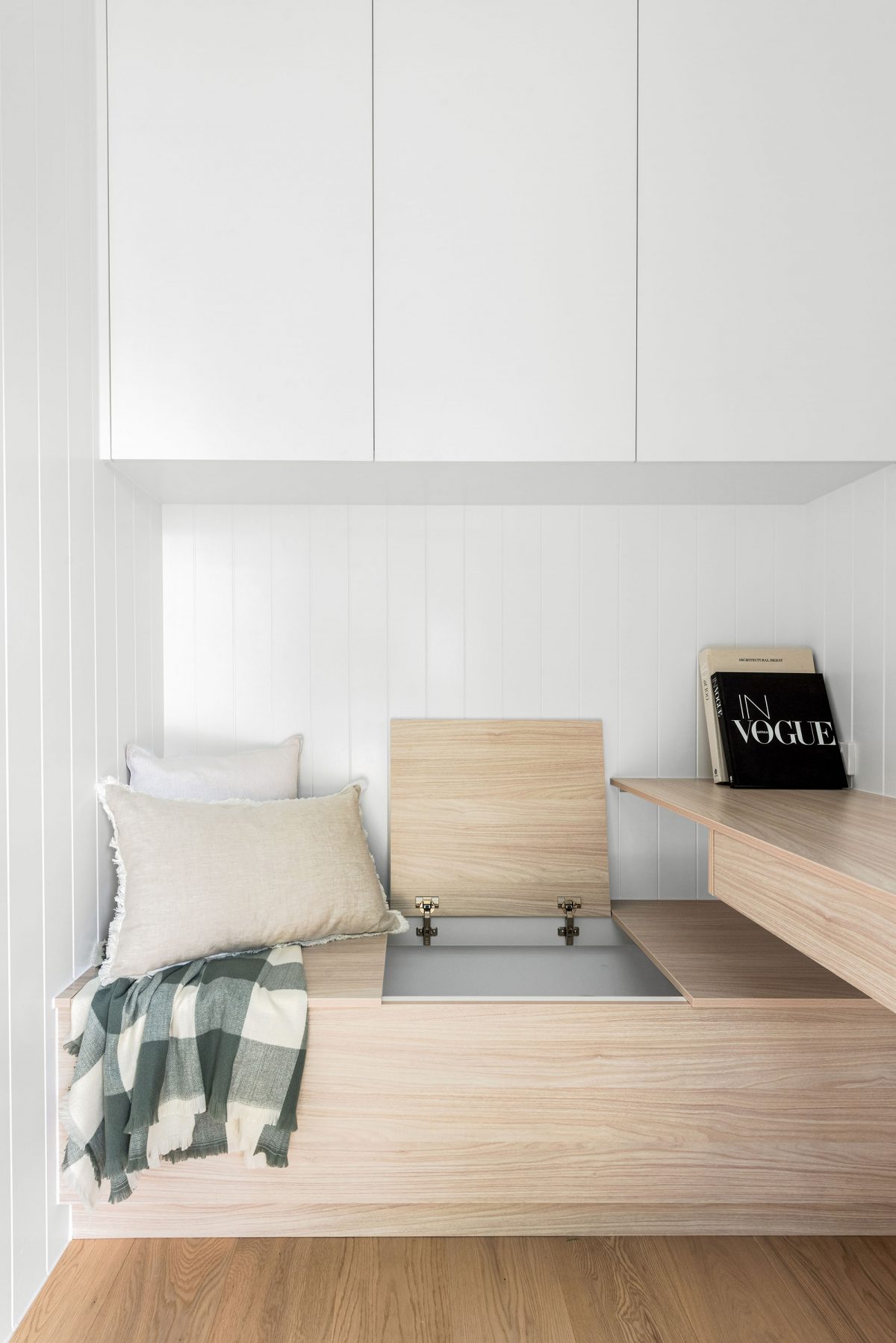 A custom designed study featuring feature lights and hidden storage. Designed and built by MJ Harris Group. #MJHxBallantyneSt