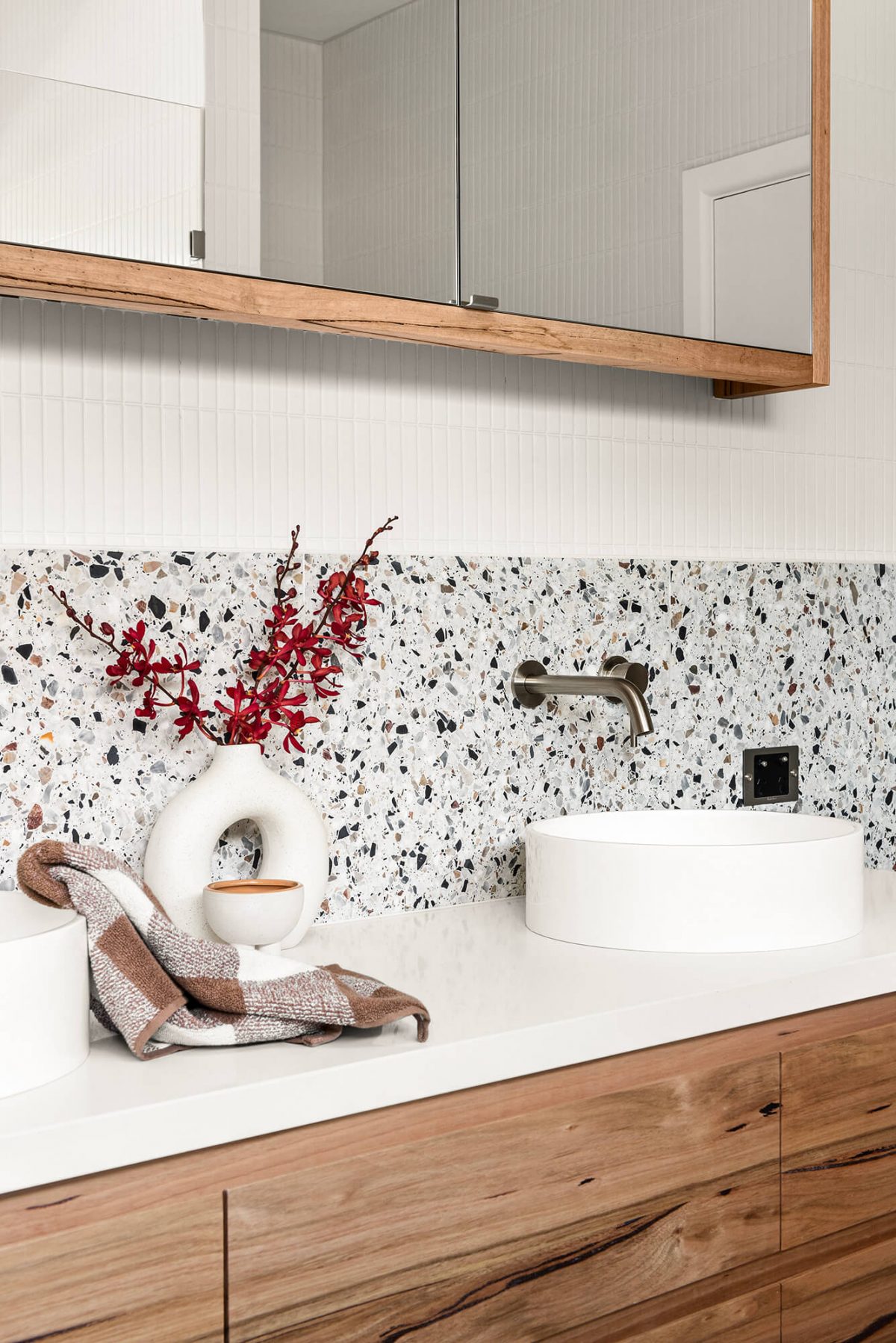 A custom designed bathroom featuring terrazzo tiles. Designed and built by MJ Harris Group. #MJHxMasonSt