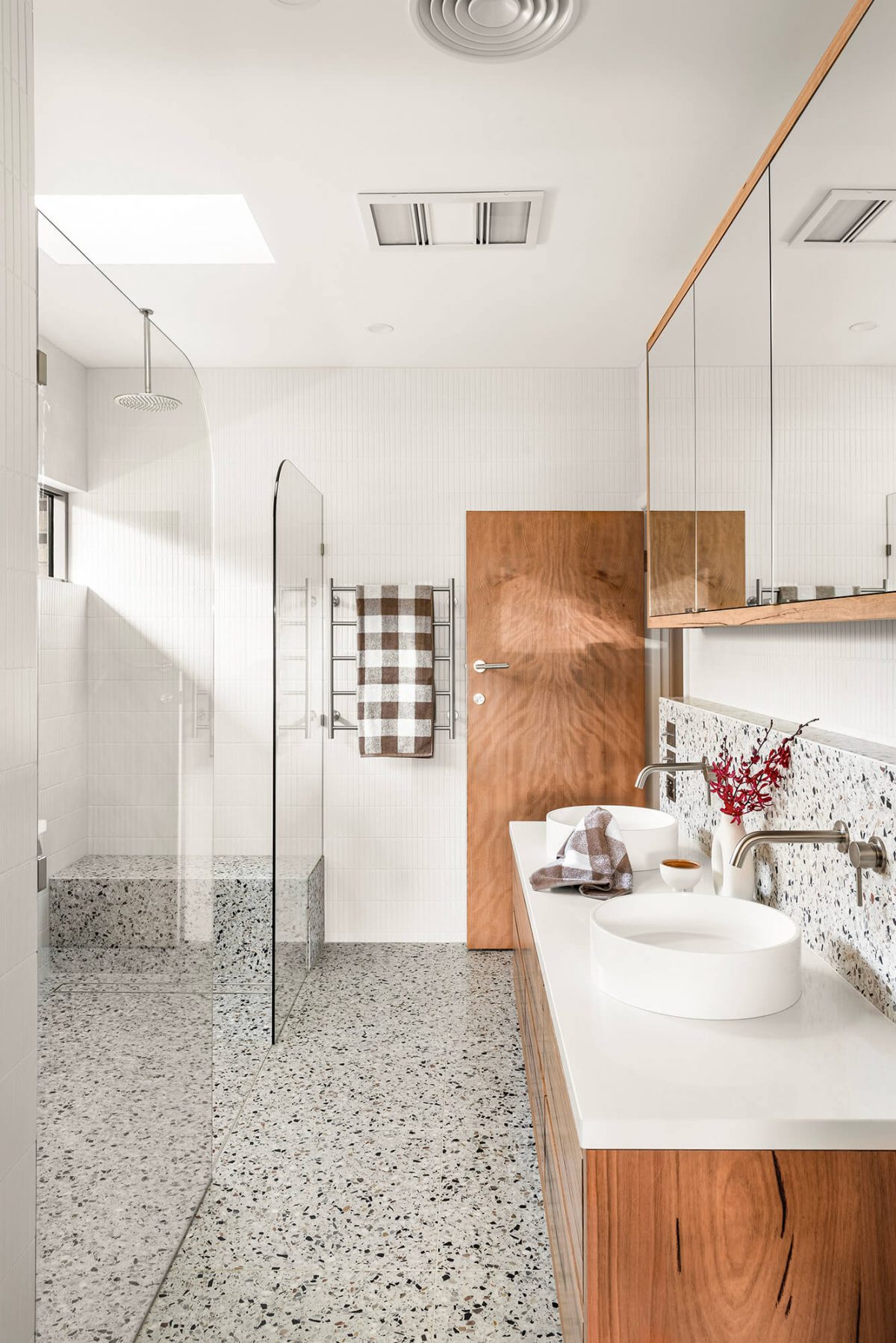 A custom designed bathroom featuring terrazzo tiles. Designed and built by MJ Harris Group. #MJHxMasonSt