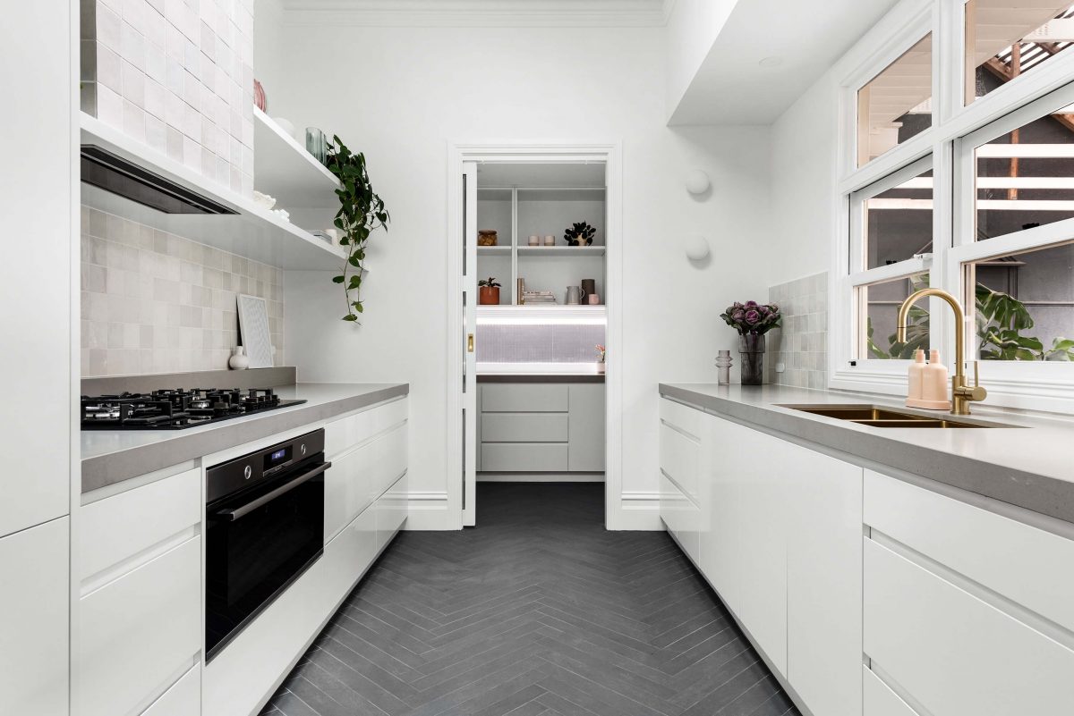 Galley Kitchen Renovation South East Melbourne Black Herringbone Tile Flooring