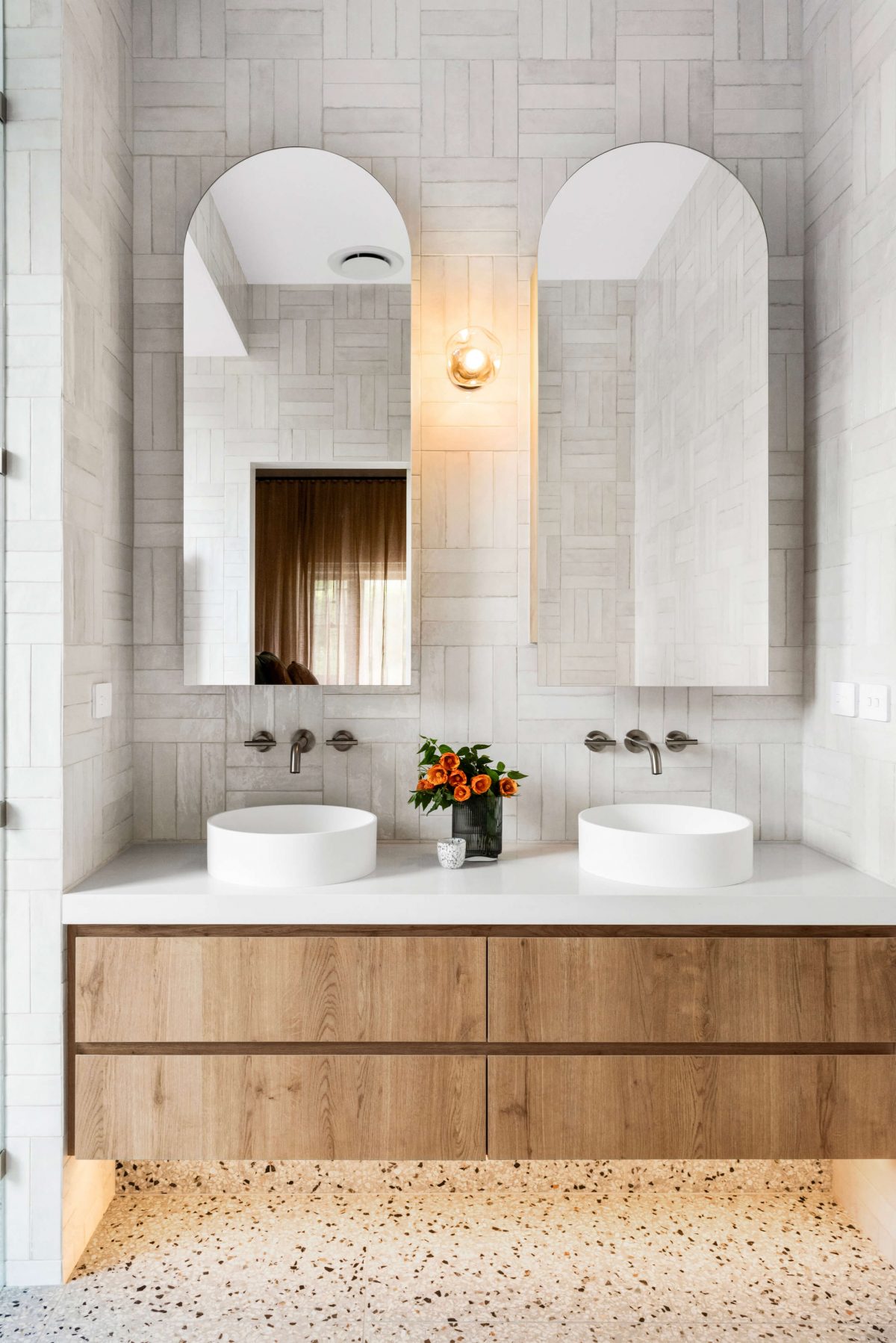 A custom designed ensuite bathroom featuring Melbourne Cross Hatch Spanish Subway Tiles. Designed and built by MJ Harris Group. #MJHxPeppinSt
