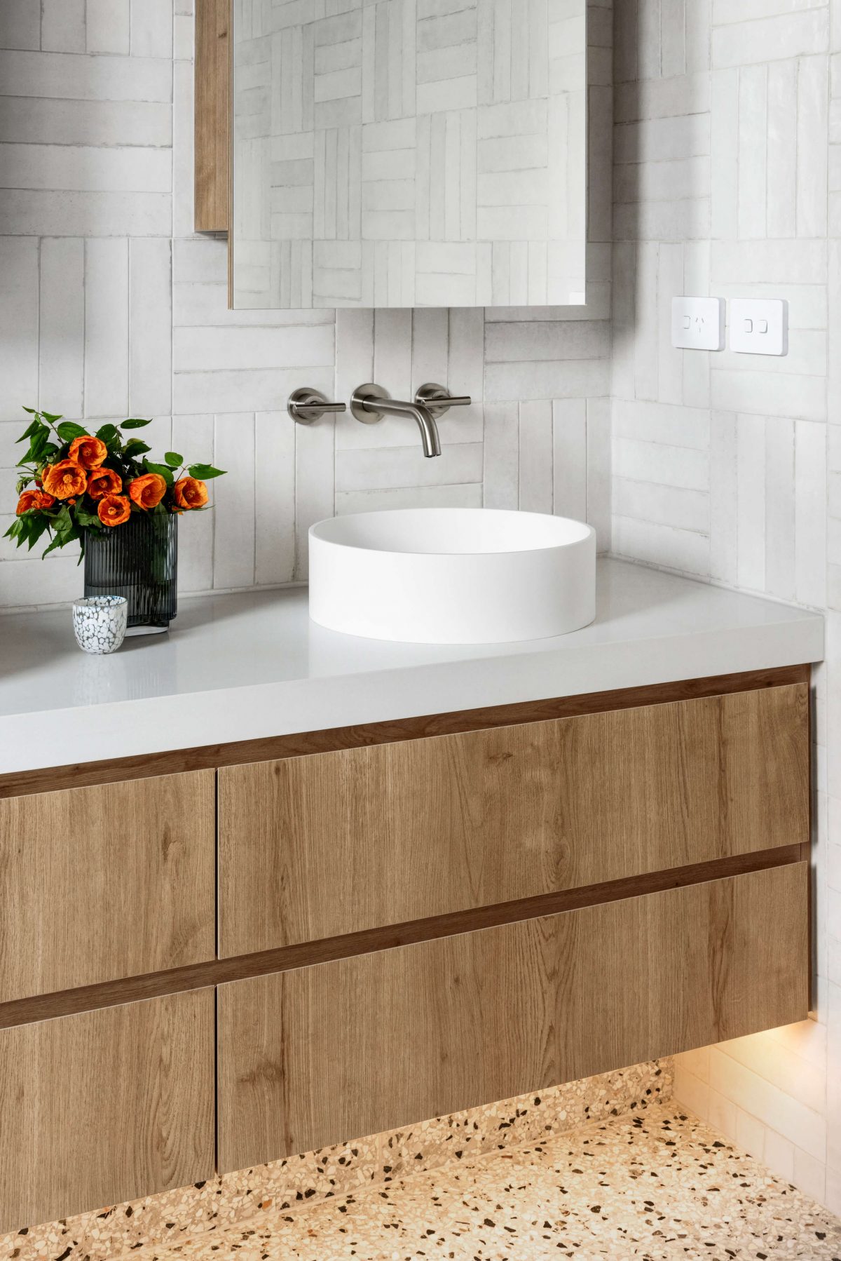 Ensuite Renovation Camberwell, Melbourne Cross Hatch Spanish Subway Tiles Natural Terrazzo Custom Vanity