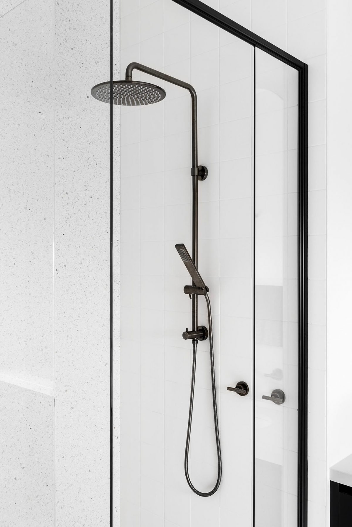 Ensuite Renovation Melbourne Northcote Bathroom Interior Design Shower Gunmetal Fixtures Terrazzo Tiles