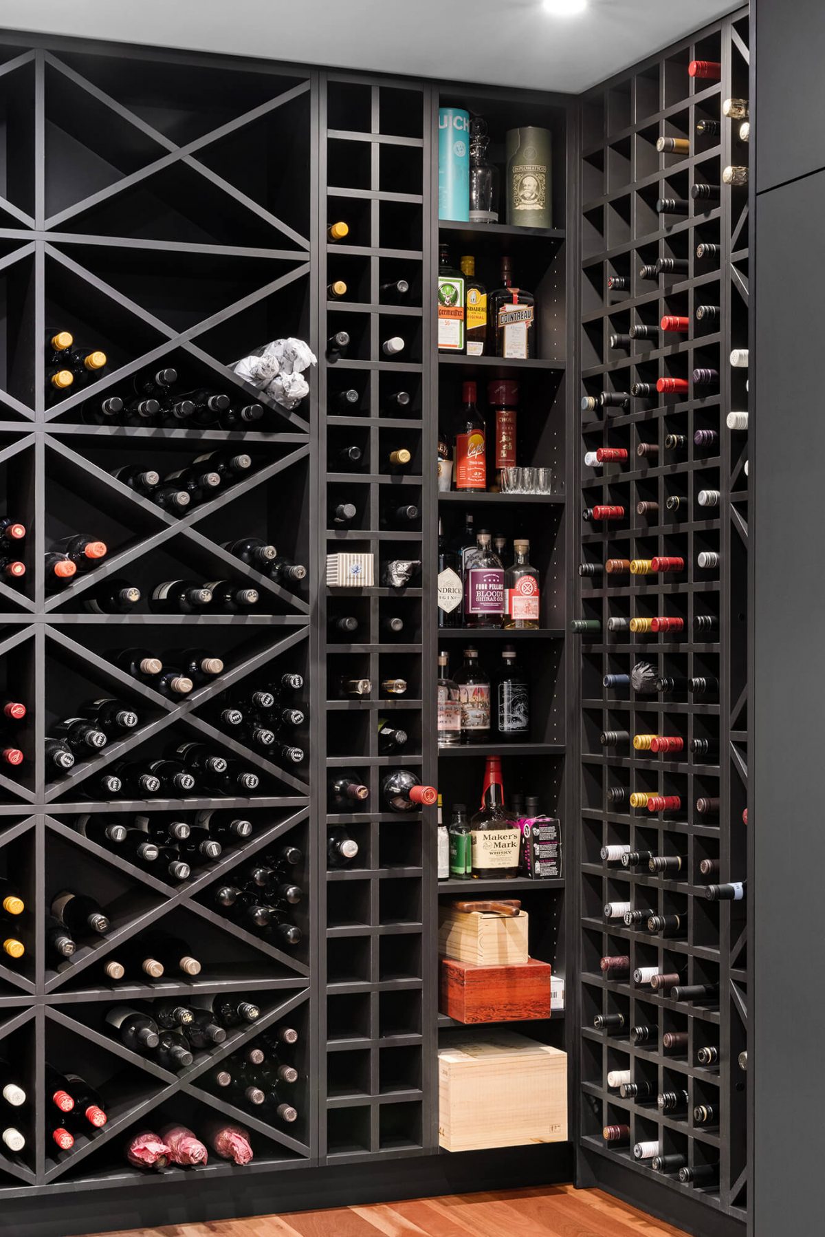 A custom designed pantry featuring a monochromatic design and butlers wine cellar. Designed and built by MJ Harris Group. #MJHxGrandviewGr
