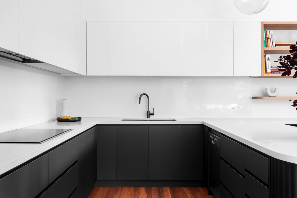 A custom designed kitchen featuring a monochromatic design. Designed and built by MJ Harris Group. #MJHxGrandviewGr