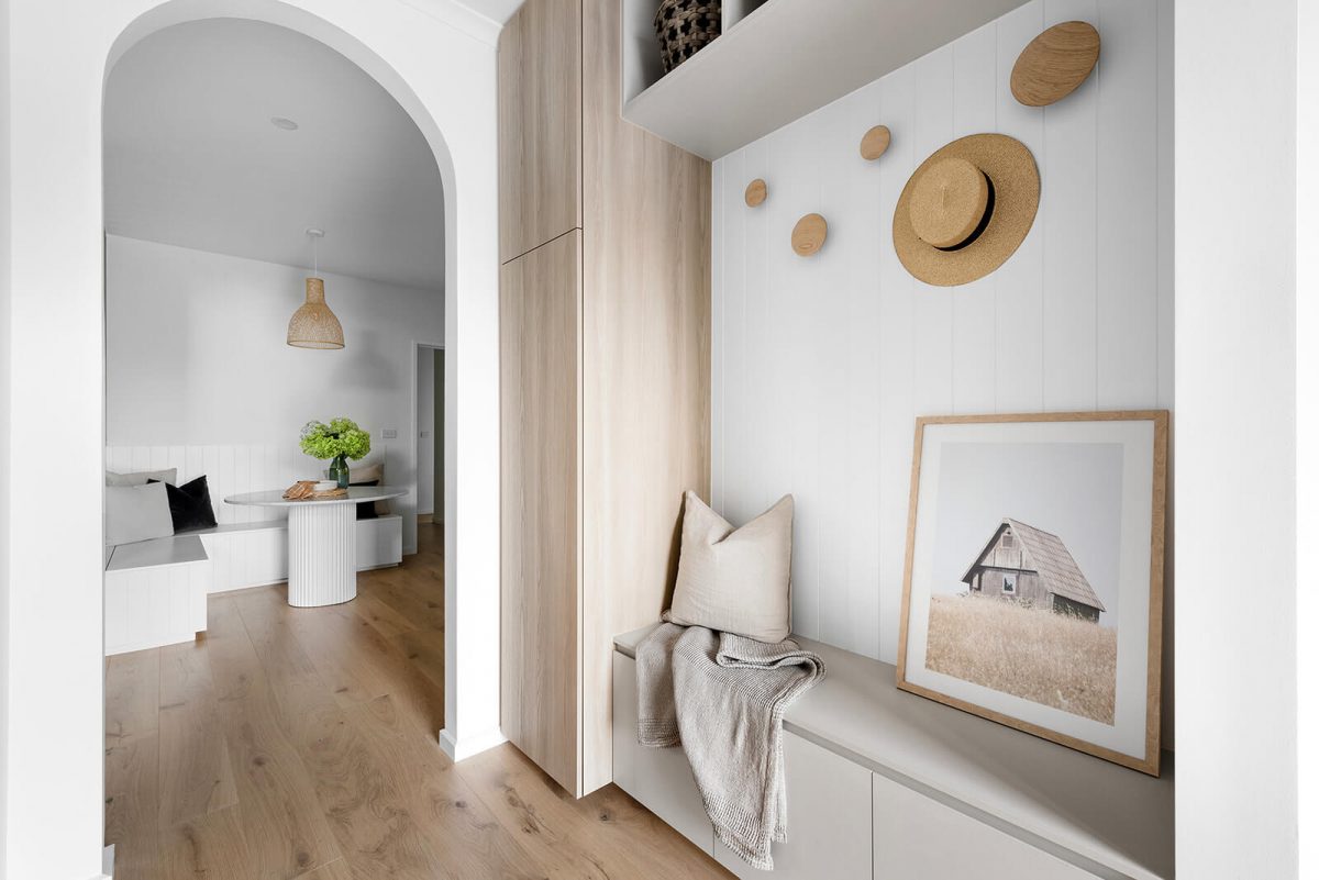 Mud Room Custom Interior Design Arch Hallway Custom Joinery Engineered Floorboard Dining Nook