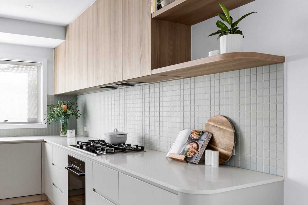 Kitchen Renovation Home Design Green Square Tile Curved Benchtop Timber Look Cabinetry