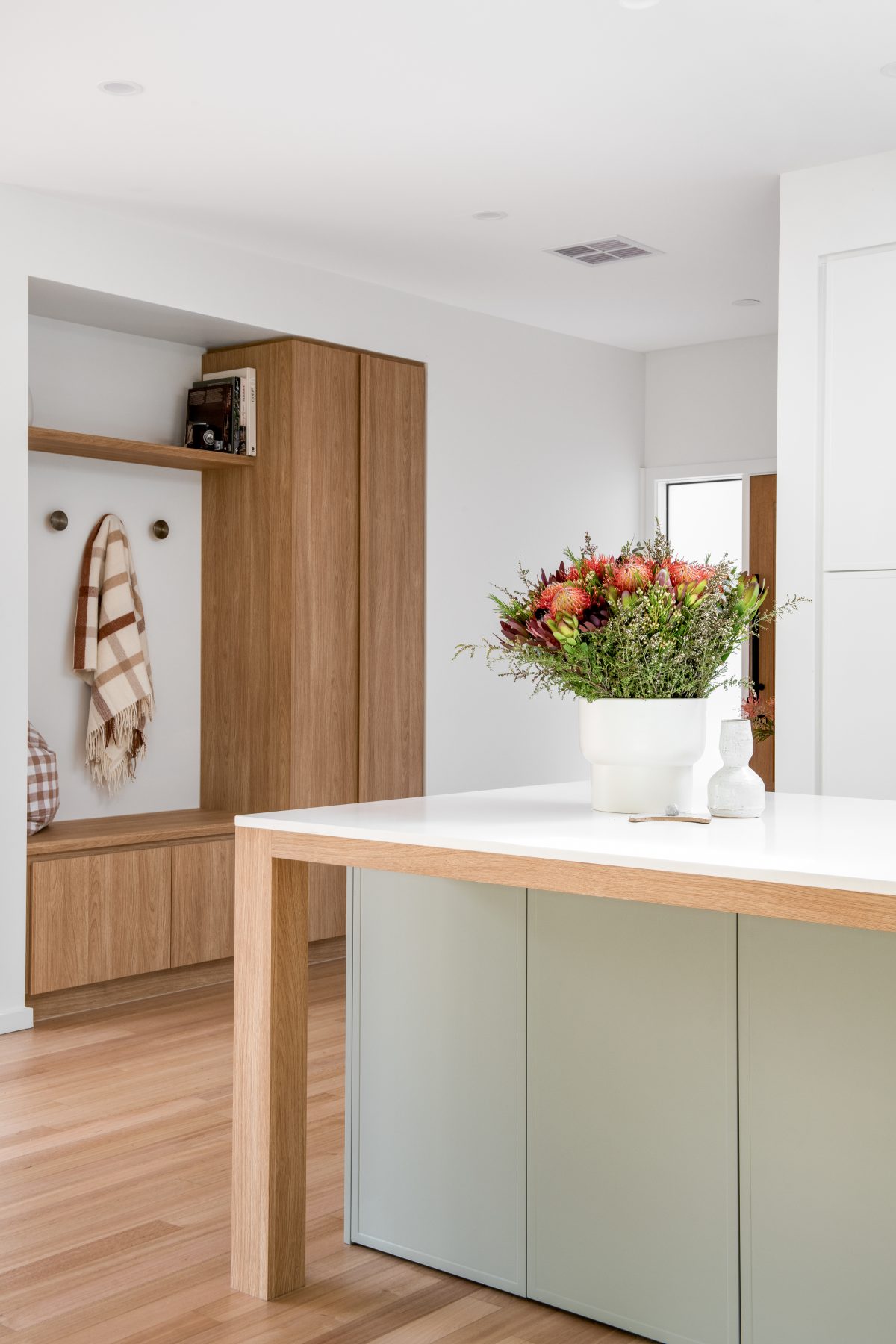 A custom designed kitchen featuring terrazzo benchtops + splashbacks and custom joinery. Designed and built by MJ Harris Group. #MJHxElthamSouth