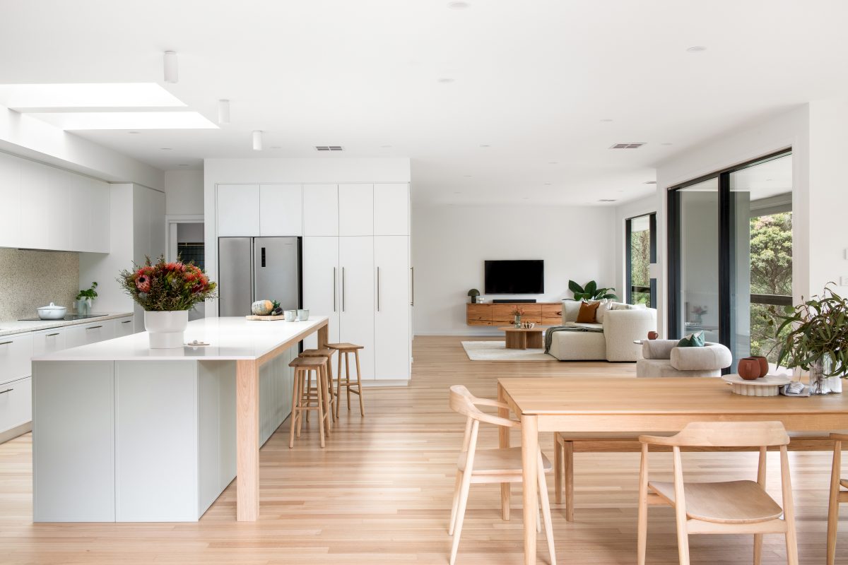 A custom designed kitchen featuring terrazzo benchtops + splashbacks and custom joinery. Designed and built by MJ Harris Group. #MJHxElthamSouth