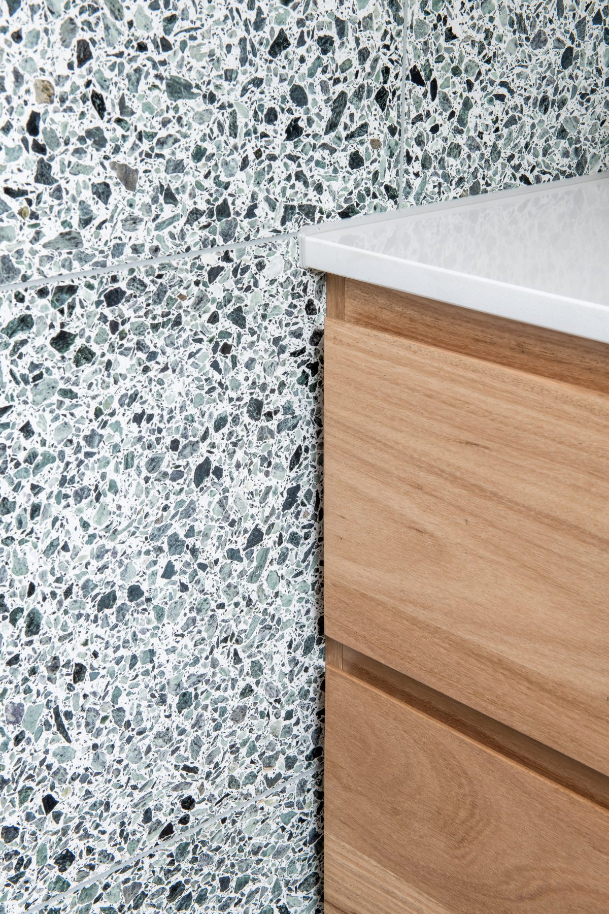Custom bathroom featuring green terazzo tiles in Eltham. Designed and built by MJ Harris Group. #MJHxElthamSouth