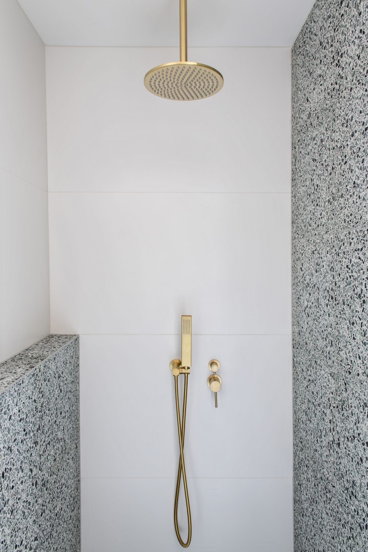 Custom bathroom featuring green terazzo tiles in Eltham. Designed and built by MJ Harris Group. #MJHxElthamSouth
