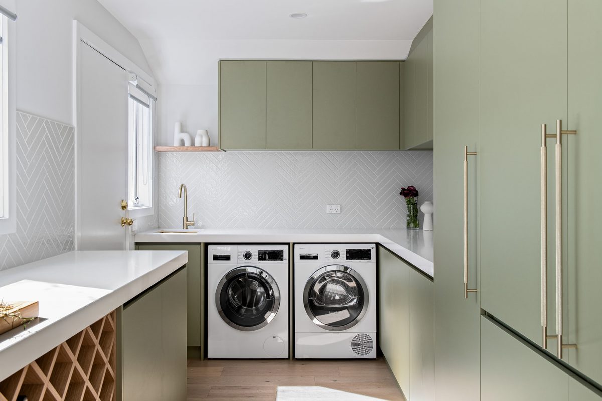 A custom designed kitchen featuring green joinery. Designed and built by MJ Harris Group. #MJHxMardenSt